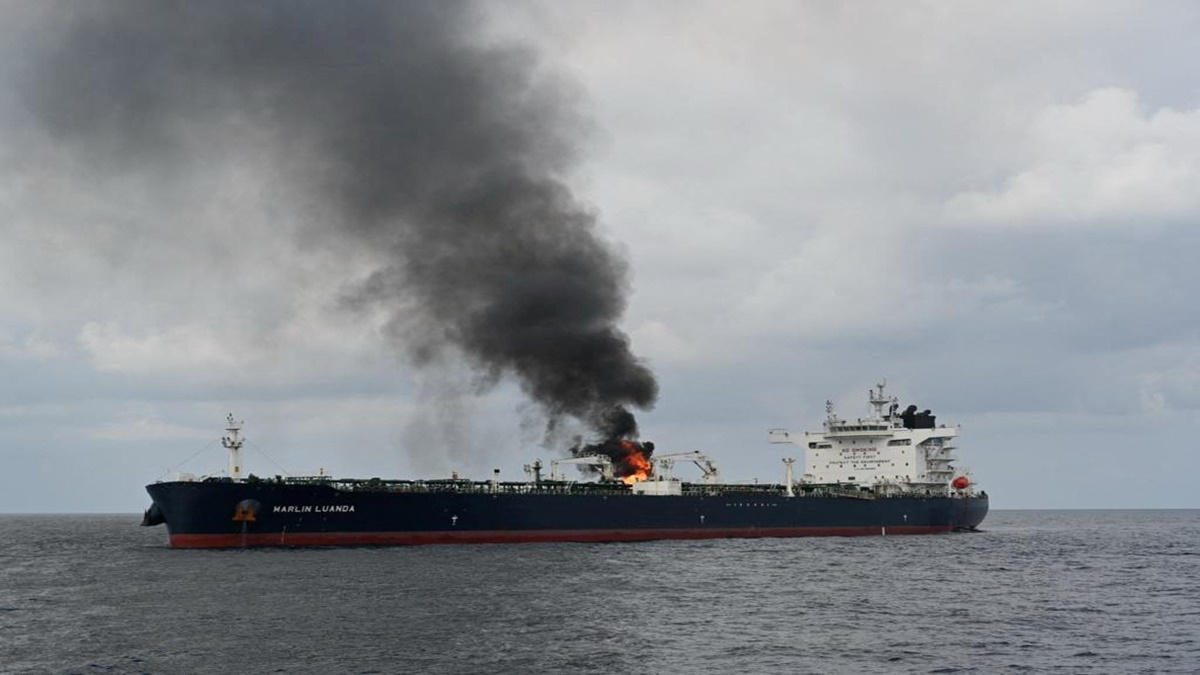 A Missile Strike from Yemen''s Houthi Rebels Sets a Cargo Ship on Fire in Gulf of Aden